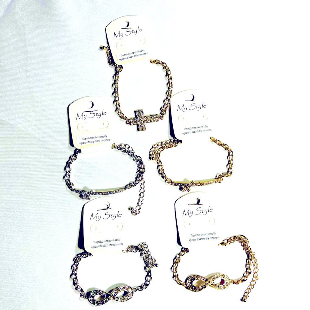 Gold and Silver Rhinestones Infinity and Cross Bracelets Set of 5